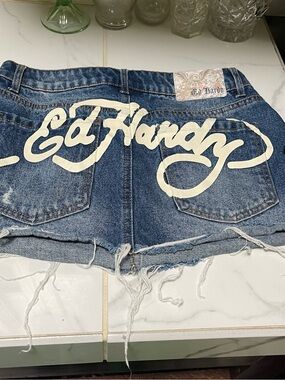 Ed Hardy Blue Denim Cutoff skirt  with Cream Logo